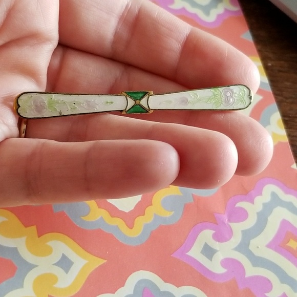 Relisted - Antique pastel rose green guilloche enamel bar pin - Picture 3 of 7